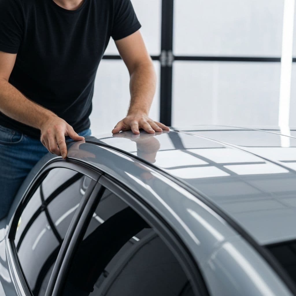 Instalador profesional usando espátula de fieltro para aplicar PPF al guardabarros de un coche de lujo