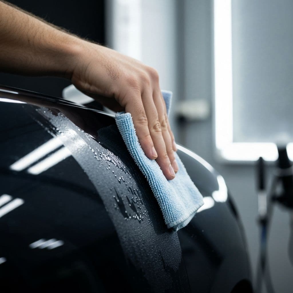 Técnico limpiando la superficie de pintura del coche con alcohol isopropílico y microfibra antes de instalar PPF