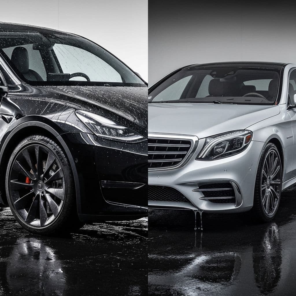 STEK PPF vs XPEL comparison on luxury cars in a professional detailing studio