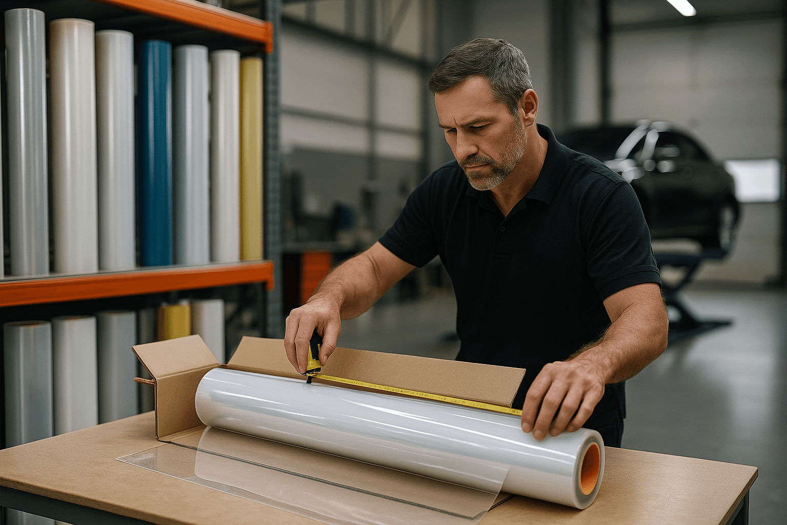 Installer measuring a PPF roll on a workbench in a distribution warehouse