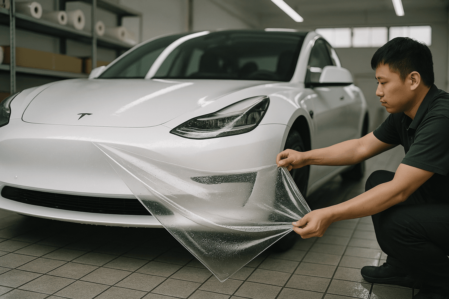 Technician applying clear PPF film to a white Tesla bumper in a Chinese workshop