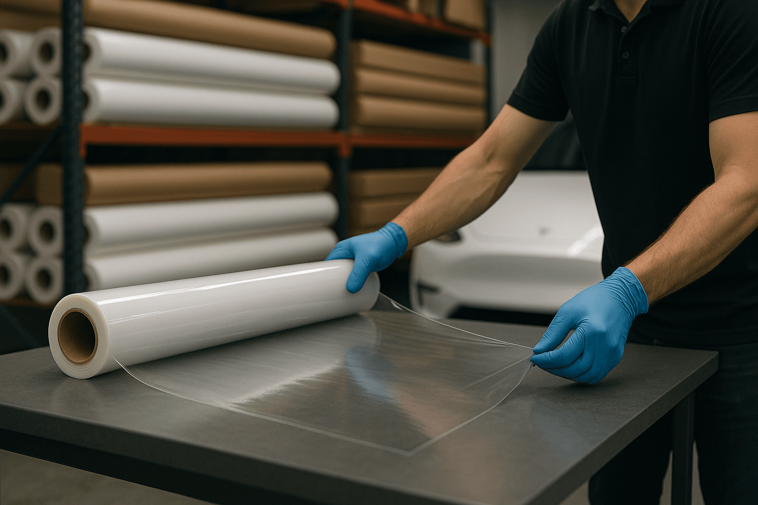 Installer inspecting bulk PPF roll in a warehouse with stocked film shelves behind.