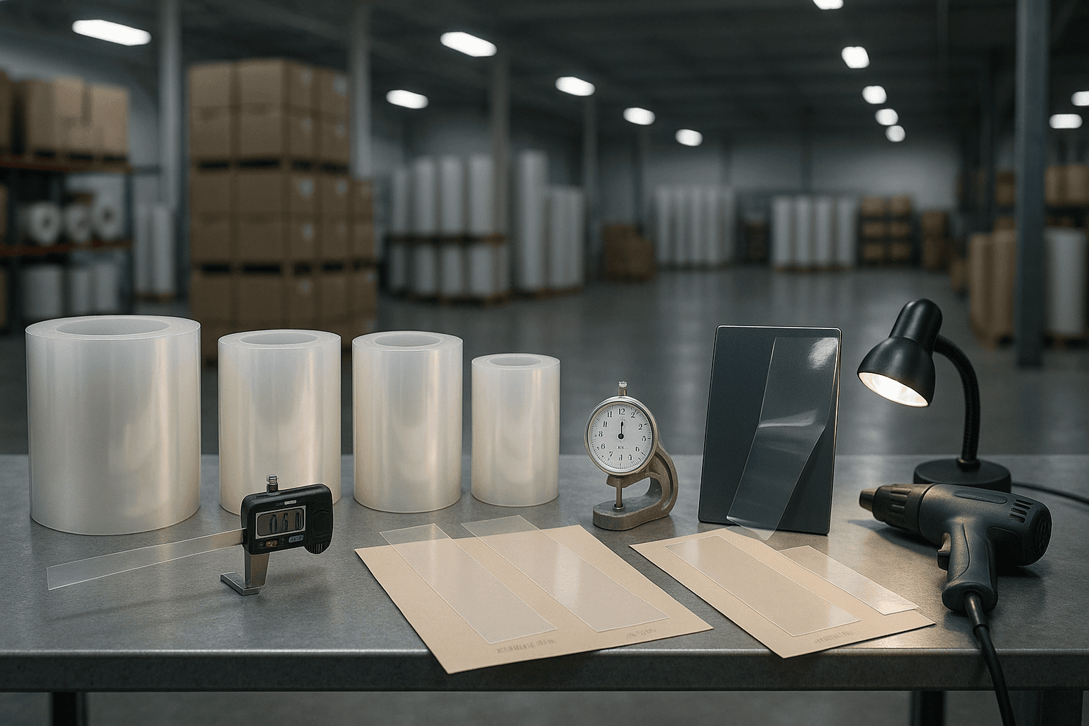 Industrial inspection bench with multiple clear TPU PPF rolls, film strips, gauges, and a test panel arranged for incoming quality control checks in a warehouse.
