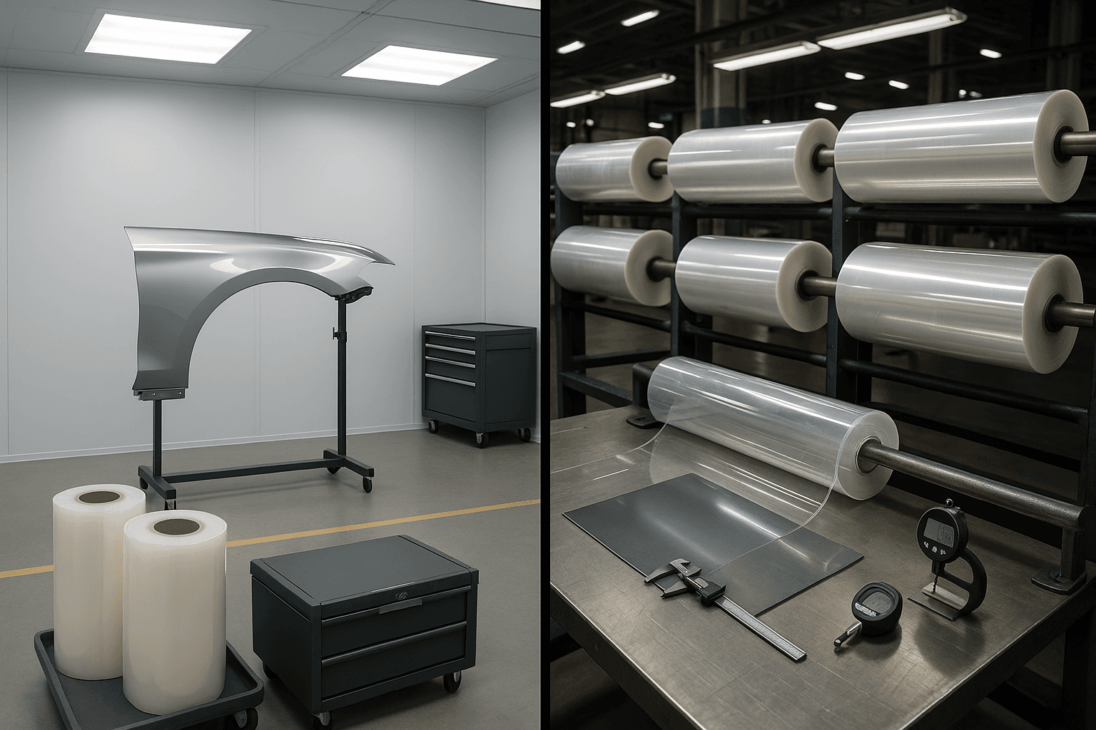 Photorealistic split-scene image showing a clean PPF training bay on one side and an industrial PPF factory inspection area on the other, contrasting dealer and factory supply channels.