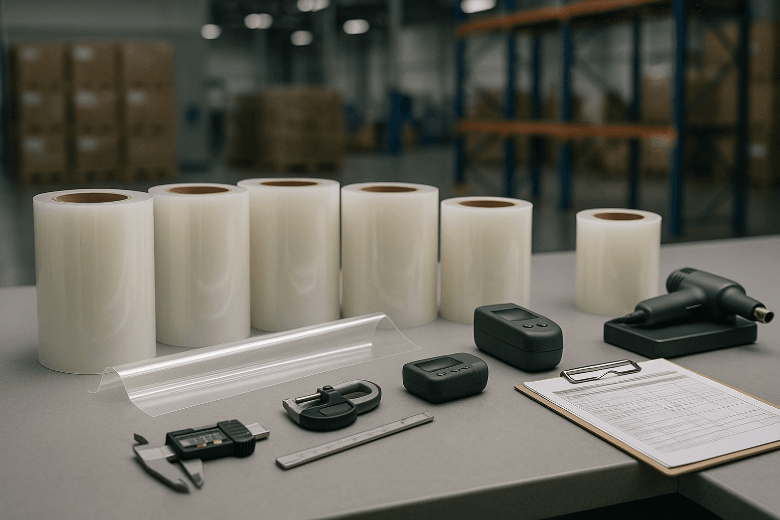 Industrial workbench in a Chinese PPF facility with clear film rolls and testing instruments laid out for technical supplier evaluation.