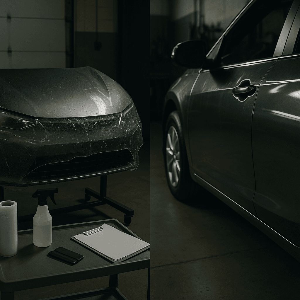 Photorealistic split-scene image in an auto workshop, with a controlled PPF test hood on a stand on one side and a glossy hero-style wrapped car panel on the other side.