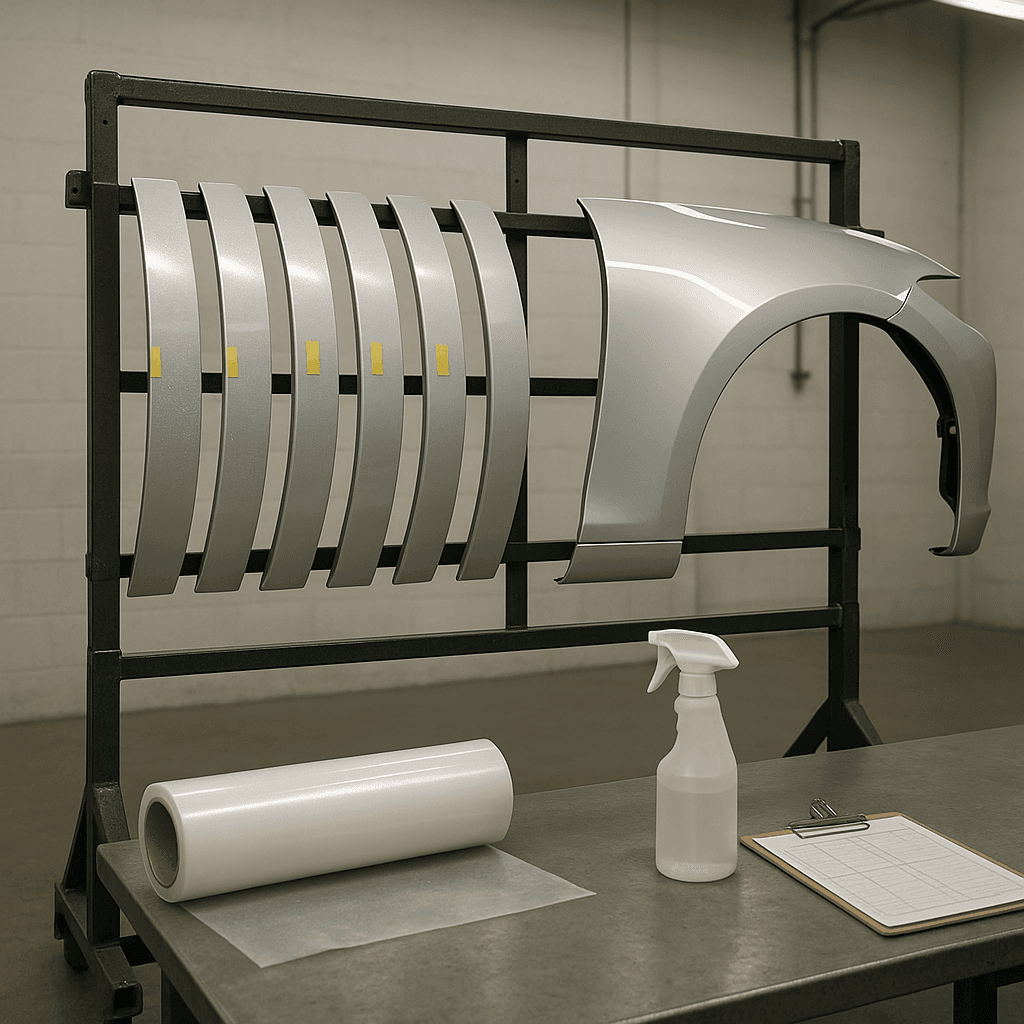 Industrial PPF workshop test rack showing multiple sample panels beside a single flawless hero wrap panel for comparison.