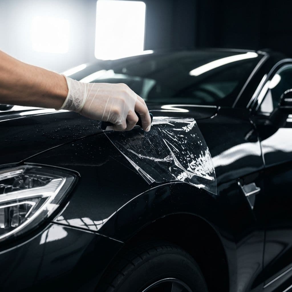 Technician installing transparent paint protection film on a black sports car fender
