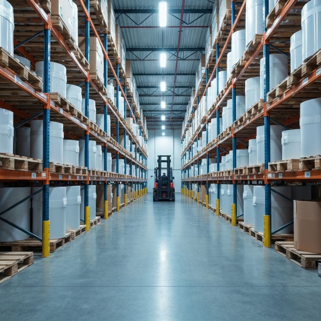 Industrial warehouse stocked with rolls of paint protection film, B2B distribution facility