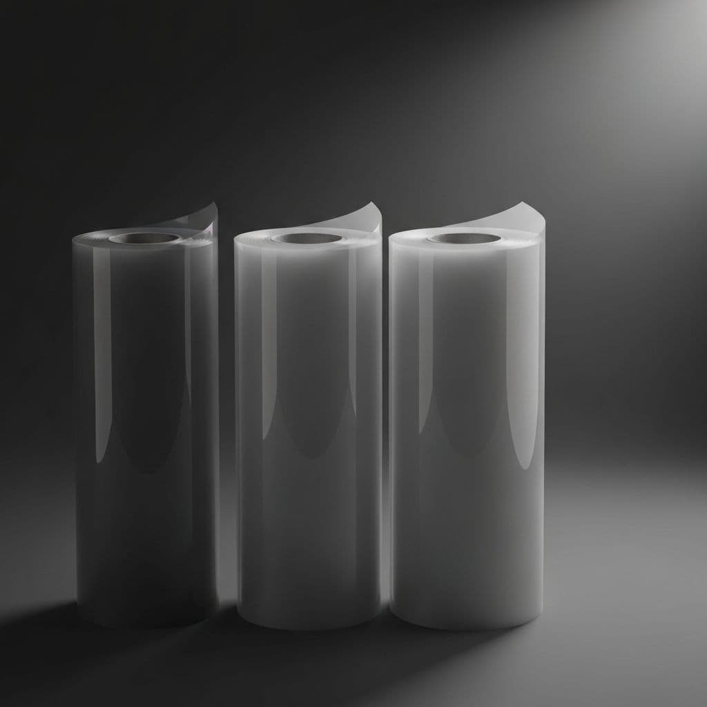 Three rolls of automotive paint protection film displayed side by side on dark studio background