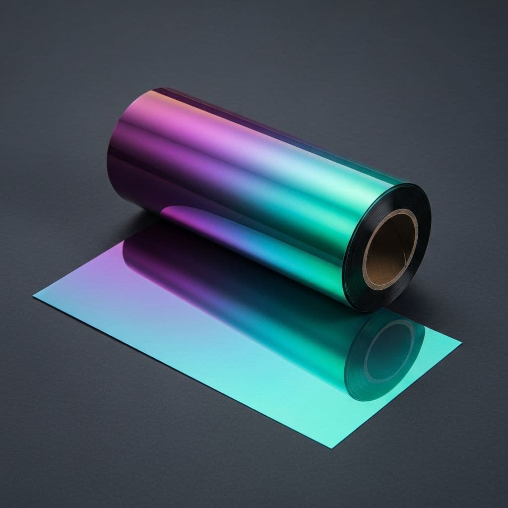Studio shot of a chameleon nano-ceramic window tint film roll showing iridescent purple-to-teal color shift