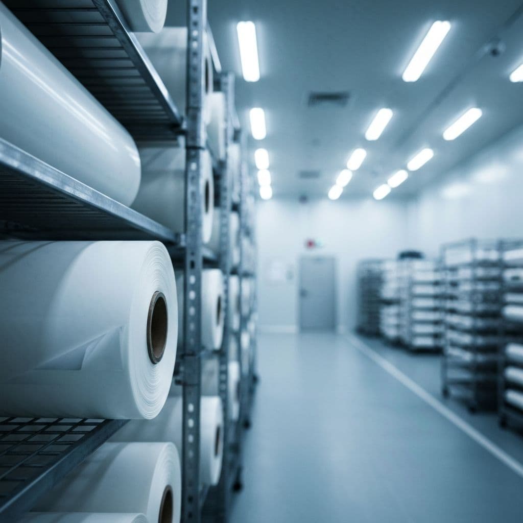 Industrial cleanroom with rolls of automotive paint protection film stacked on metal racks