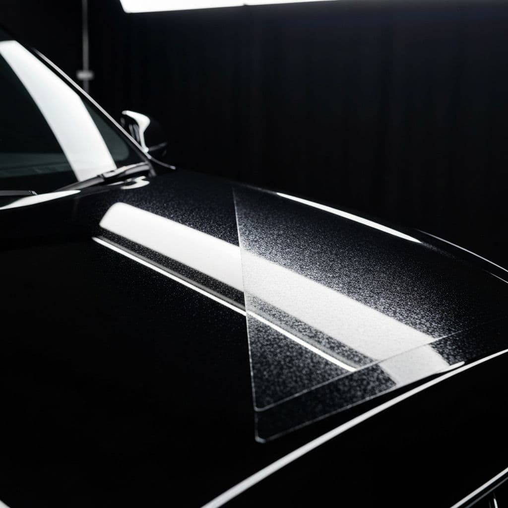 Capó negro bajo luz LED de inspección comparando pintura desnuda vs textura de piel de naranja con PPF