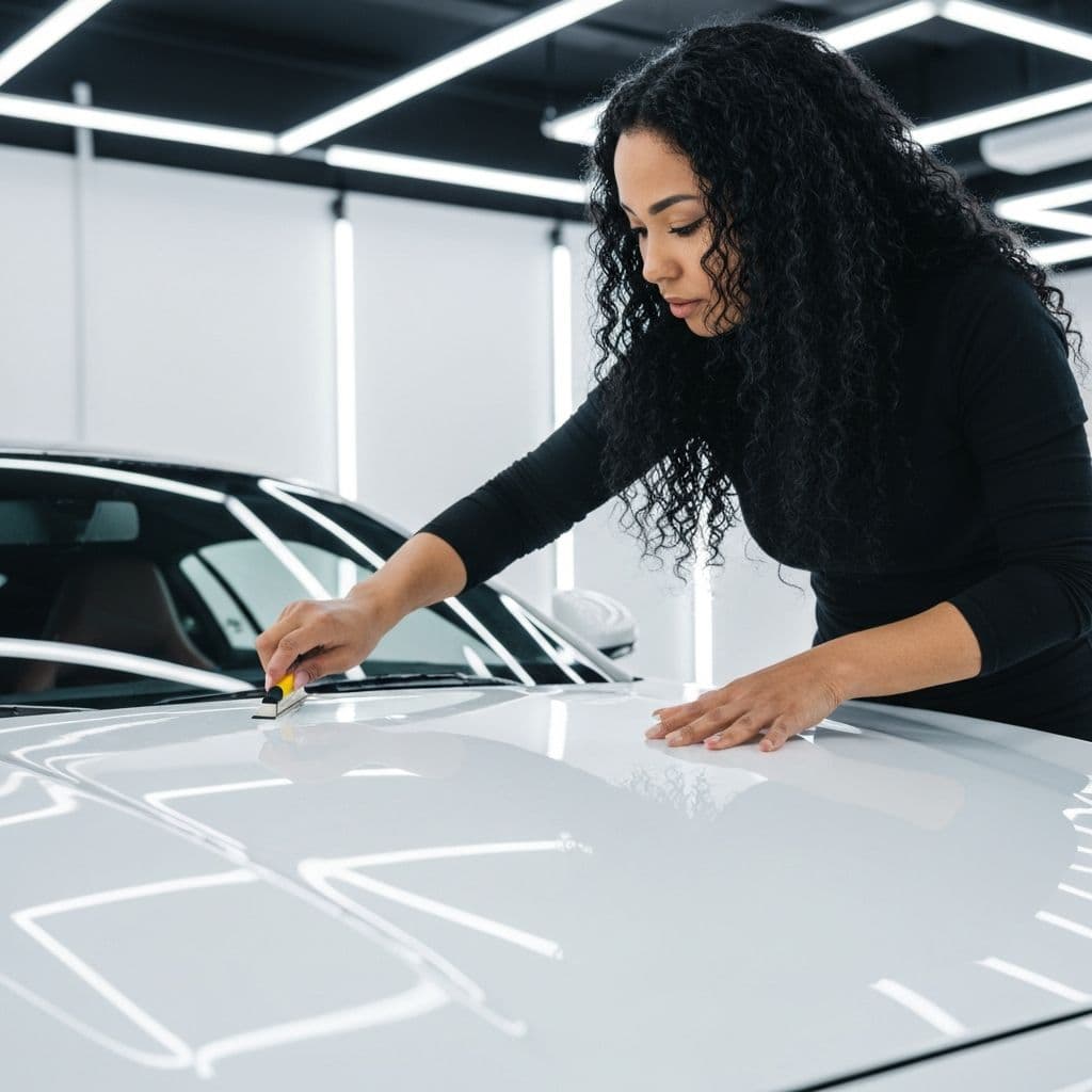 Instalador profesional de PPF aplicando película protectora transparente sobre el capó de un coche de lujo blanco