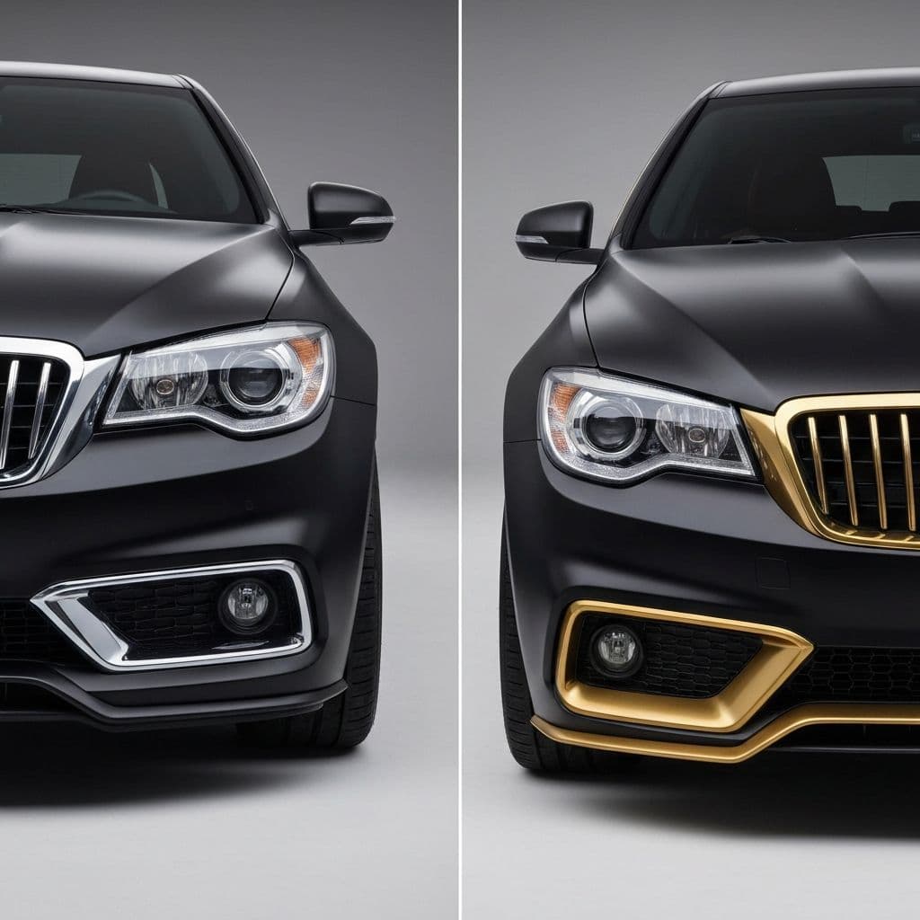 Split comparison of PPF and ceramic coating on a luxury car hood showing different surface protection levels
