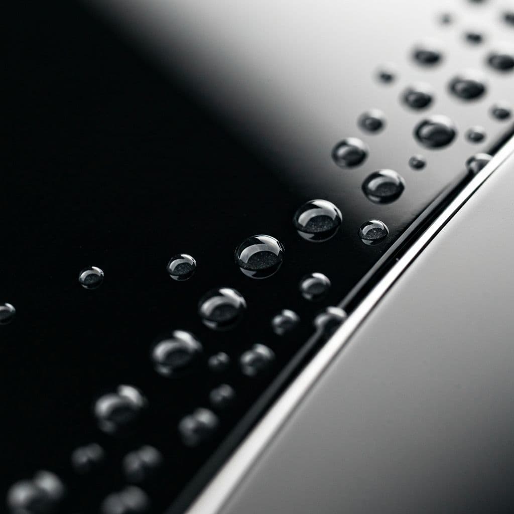Macro close-up of water droplets beading on a ceramic-coated car surface showing the hydrophobic effect