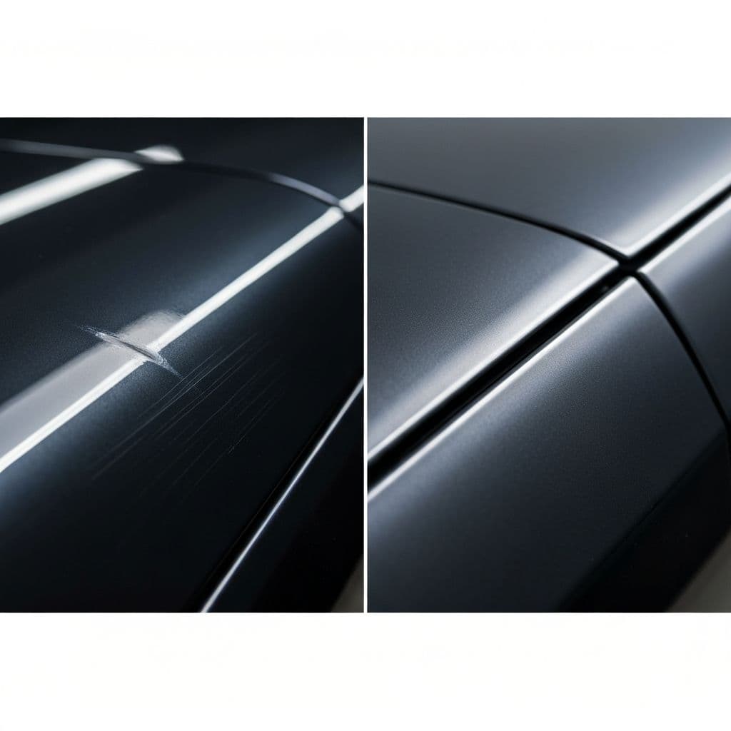Before and after close-up showing PPF self-healing a light surface scratch with heat