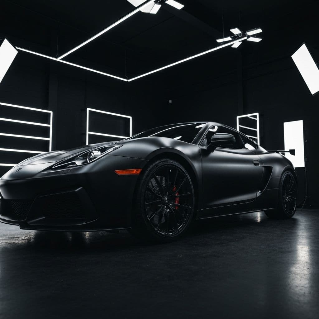 Matte black paint protection film applied on a sports car in a professional detailing studio
