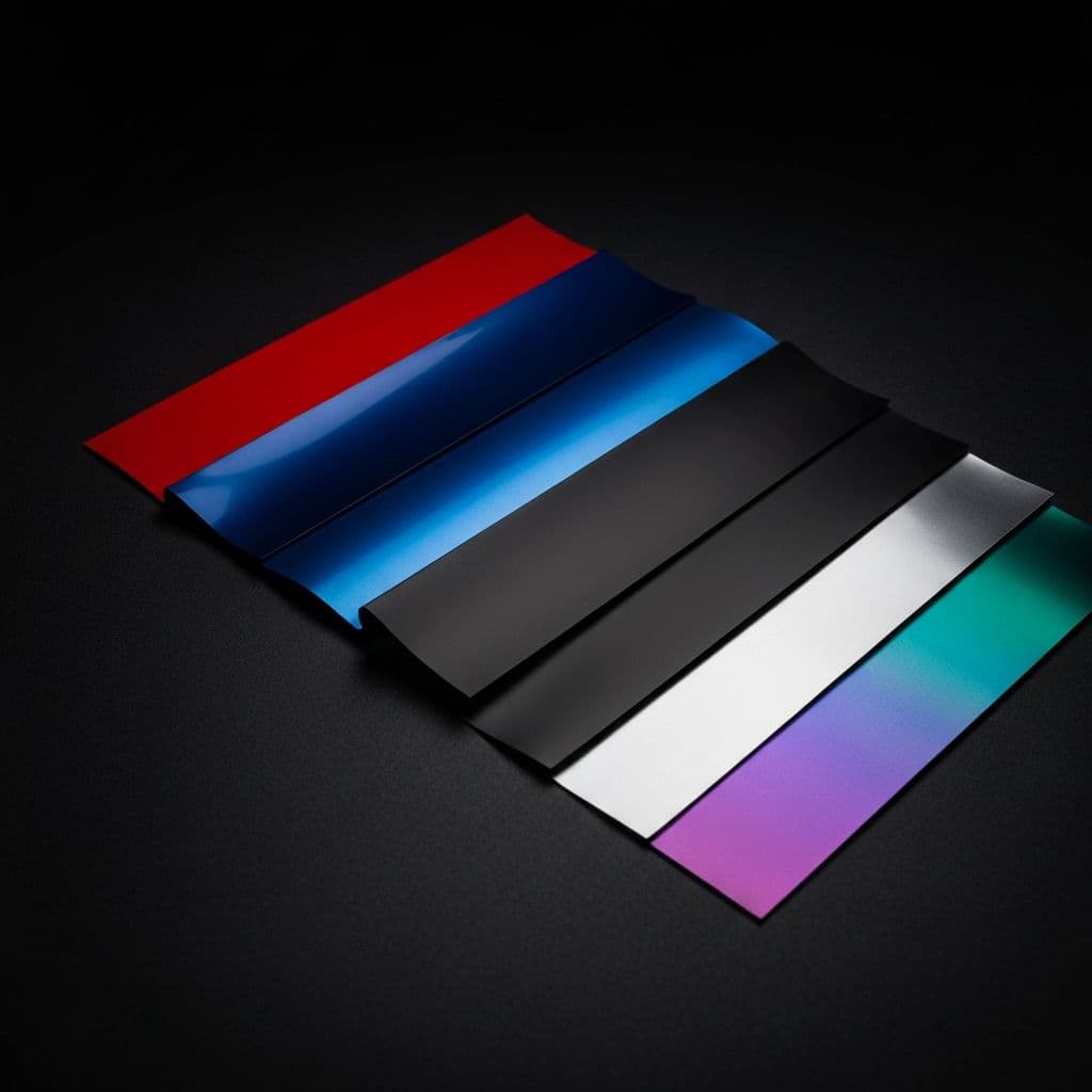 Color paint protection film swatches showing gloss, matte, and color-shift finish options