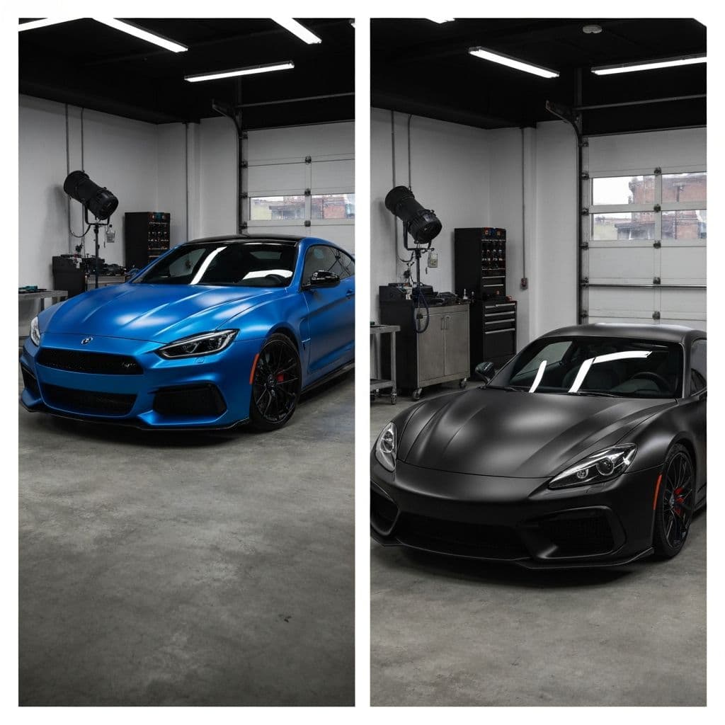 Color PPF and matte black PPF installed on luxury cars in a professional detailing studio
