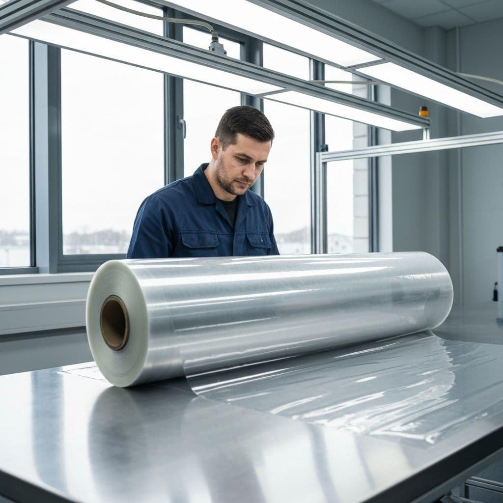 Quality control inspector examining TPU paint protection film roll in clean room factory