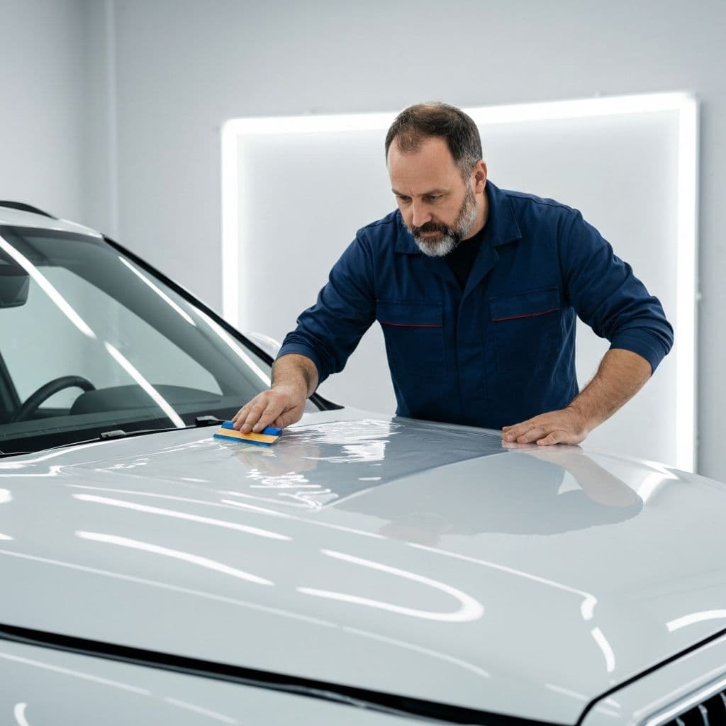 Professional PPF installer applying paint protection film to luxury SUV hood in installation studio