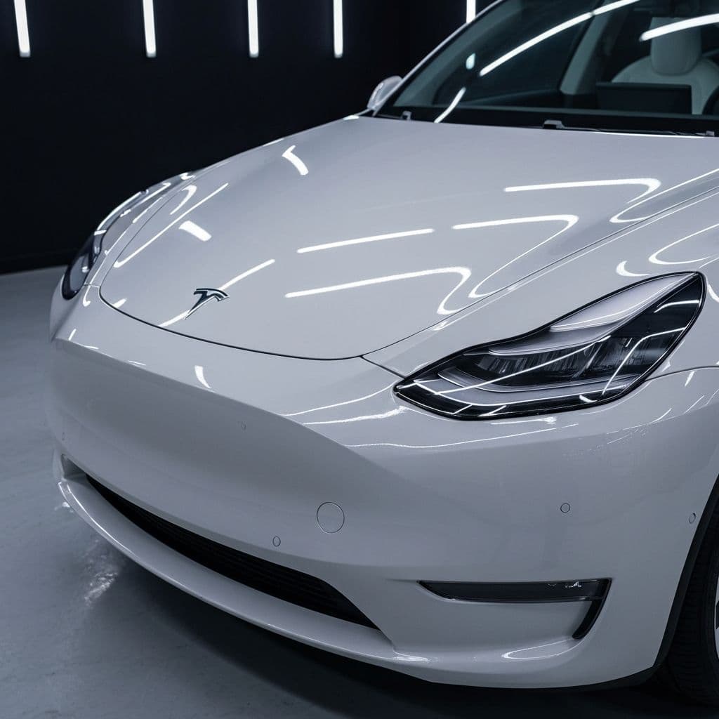 Tesla Model Y with paint protection film applied to hood and bumper