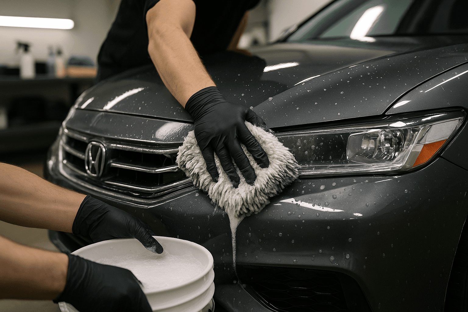Detailer hand-washing a PPF-coated car fender with a microfiber mitt in a workshop.