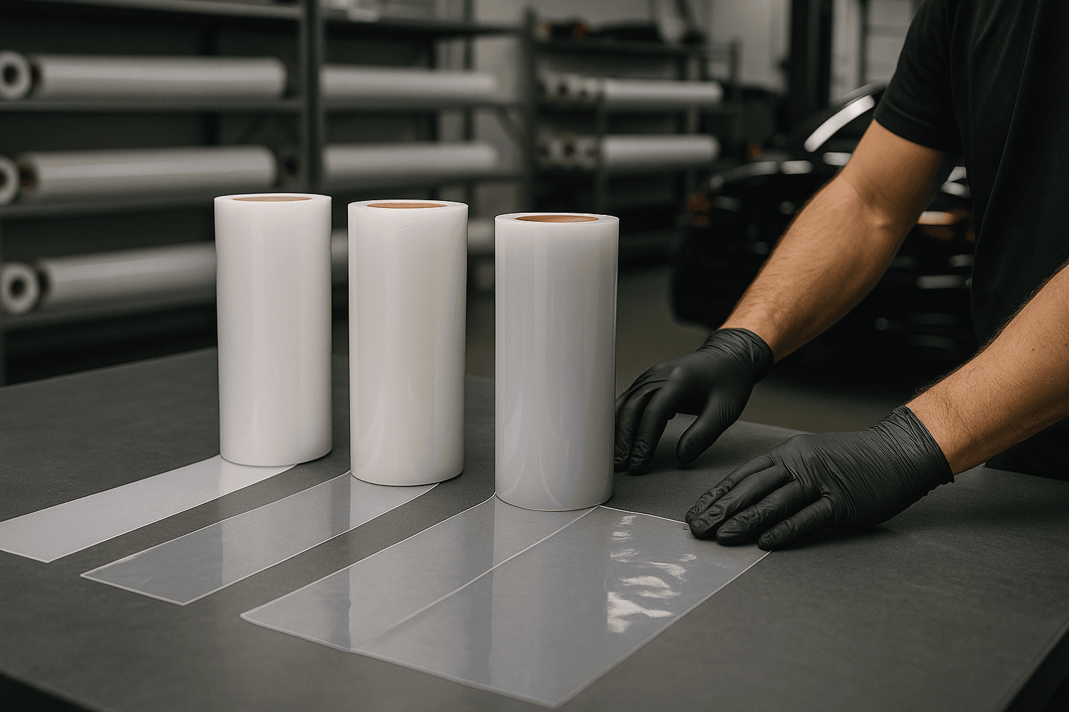 Installer comparing multiple PPF film rolls on a workbench in a detailing workshop