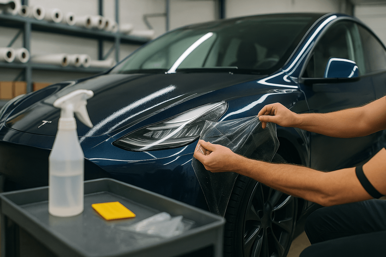Technician applying clear PPF to a dark blue Tesla Model Y front fender in a workshop