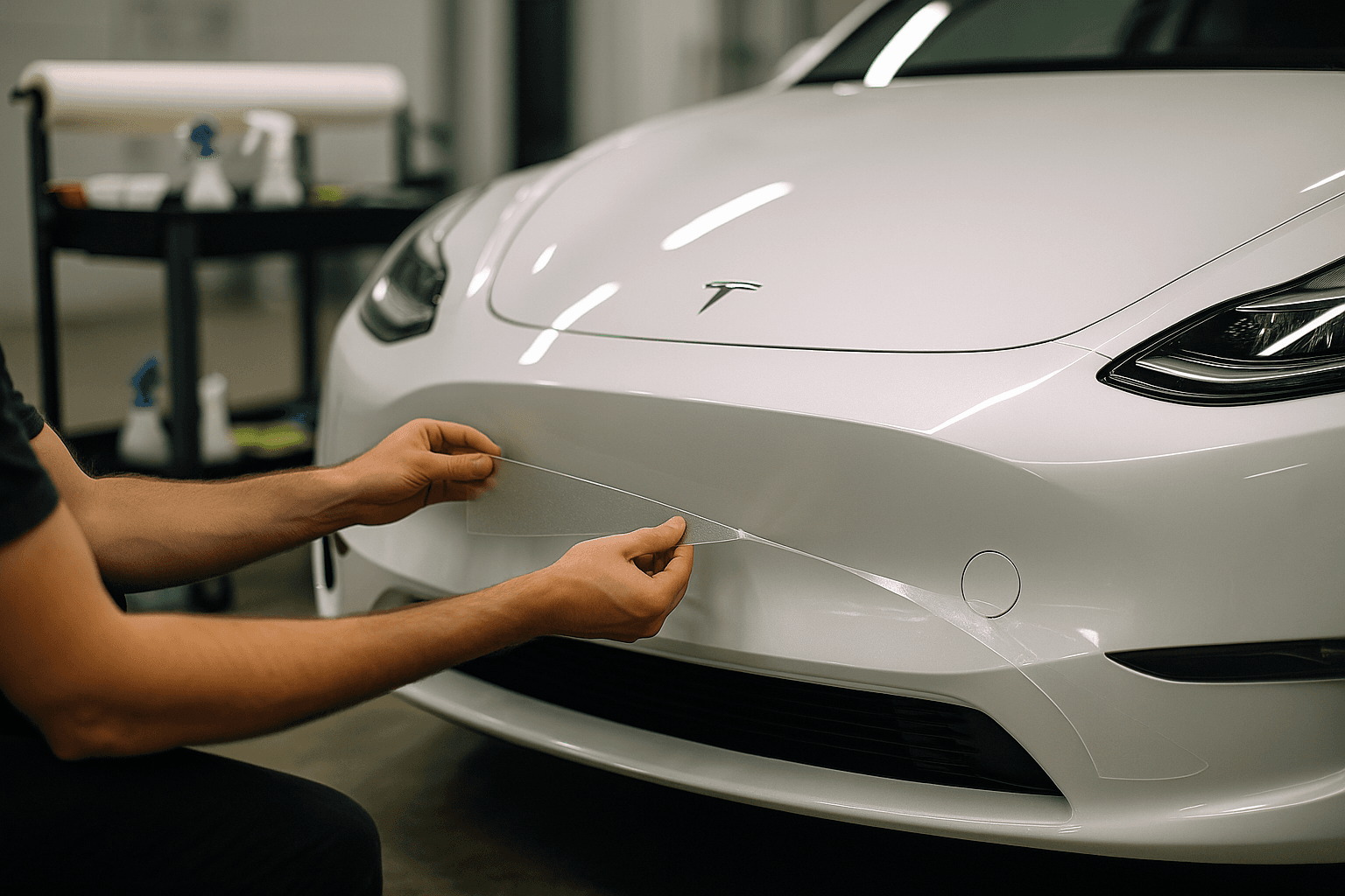 Installer aligning pre-cut PPF on the front bumper of a 2023 Tesla Model Y in a workshop.