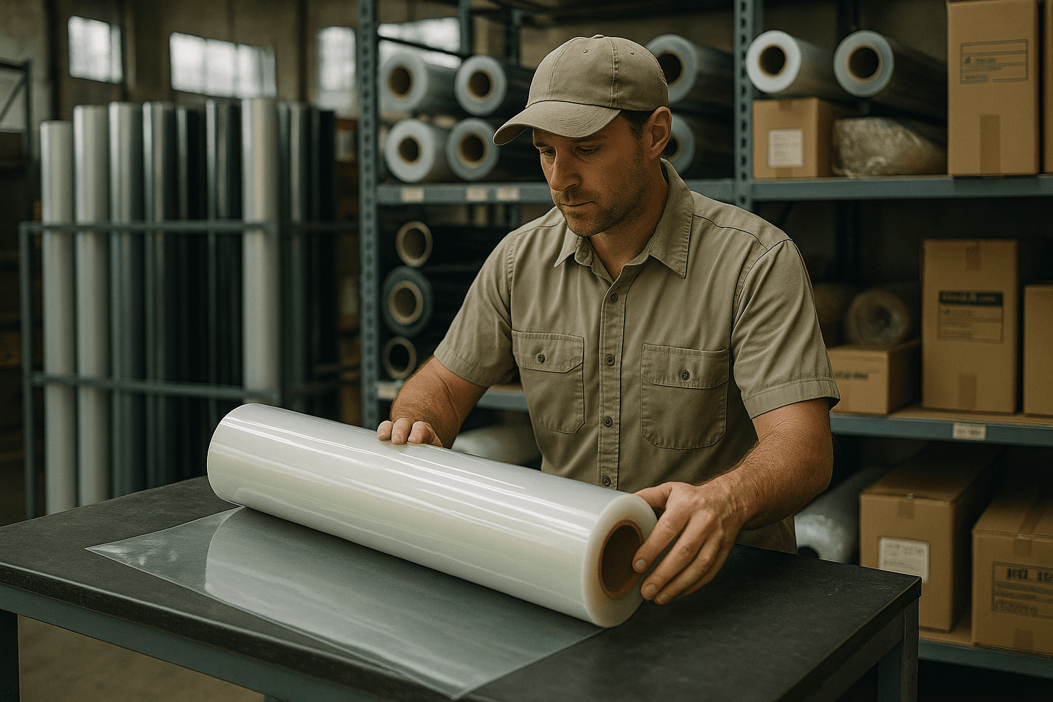 Technician inspecting bulk PPF rolls on a workbench in an automotive film distributor warehouse