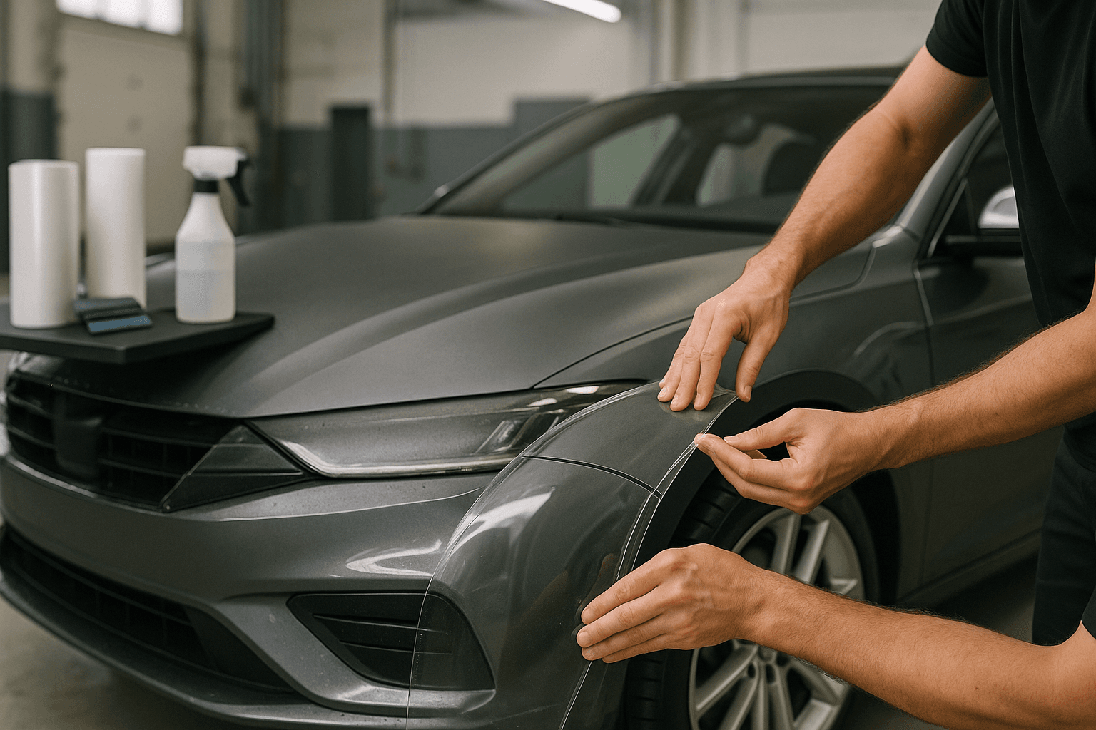 Installer aligning clear and matte paint protection film on a dark car in a workshop