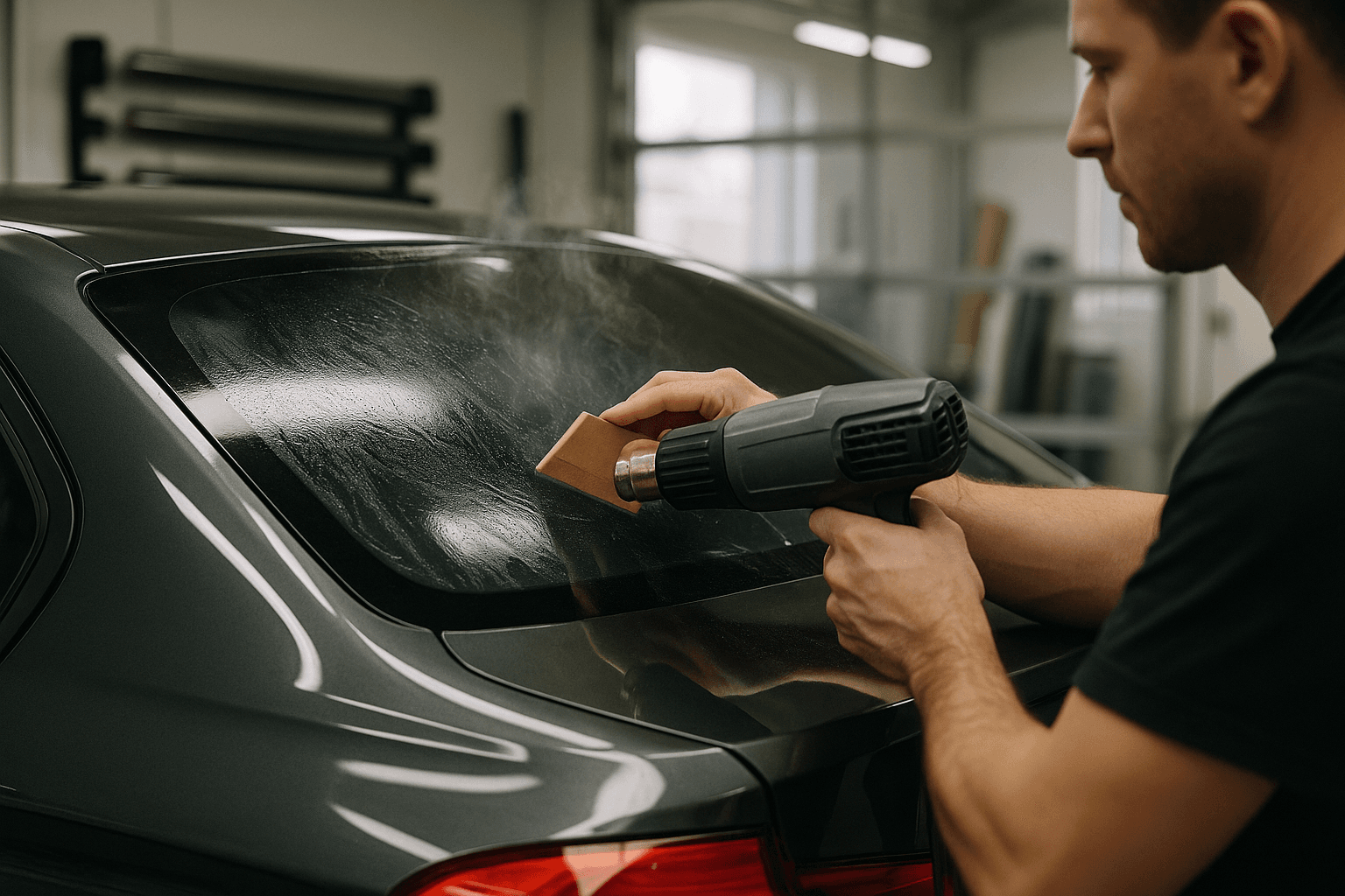 Installer heat-shrinking window tint on a car’s rear glass in a professional tint shop