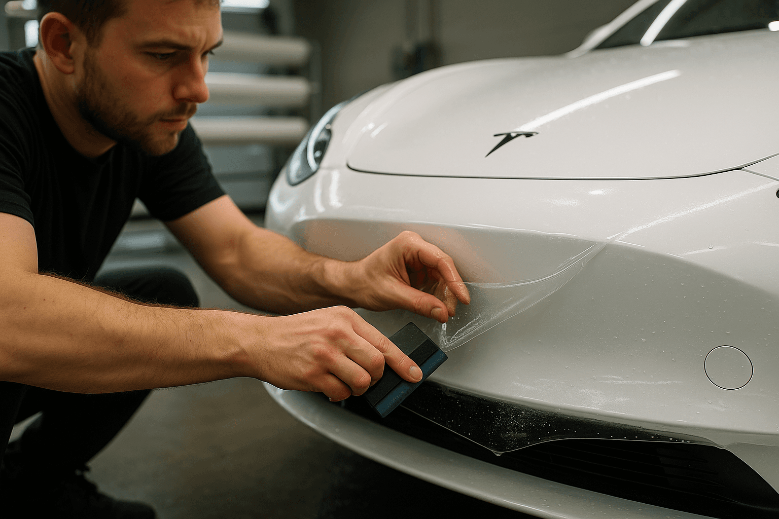 Installer applying clear paint protection film to a white Tesla Model 3 front bumper in a workshop