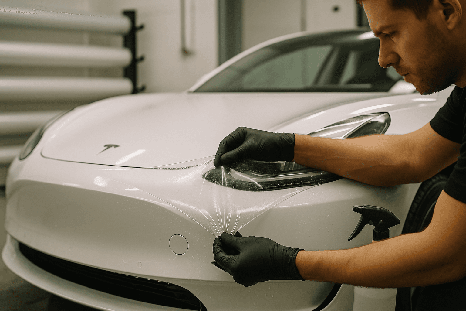 Installer applying clear PPF to a white Tesla bumper and headlight in a detailing workshop.