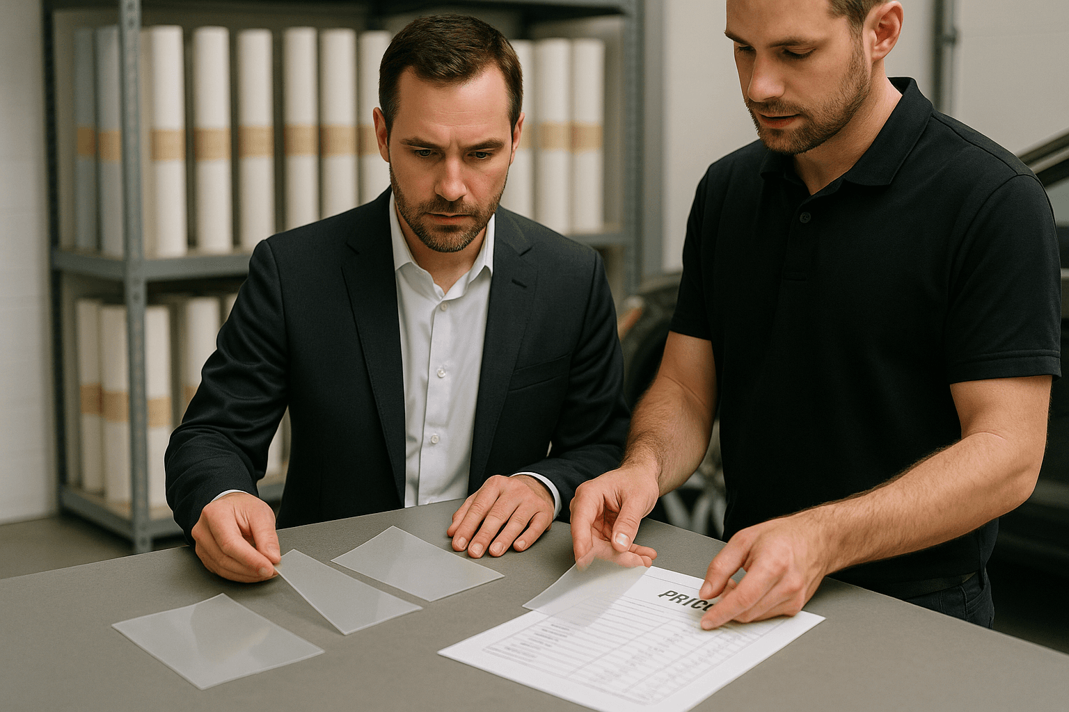 PPF buyer and rep comparing paint protection film samples and pricing in a warehouse office