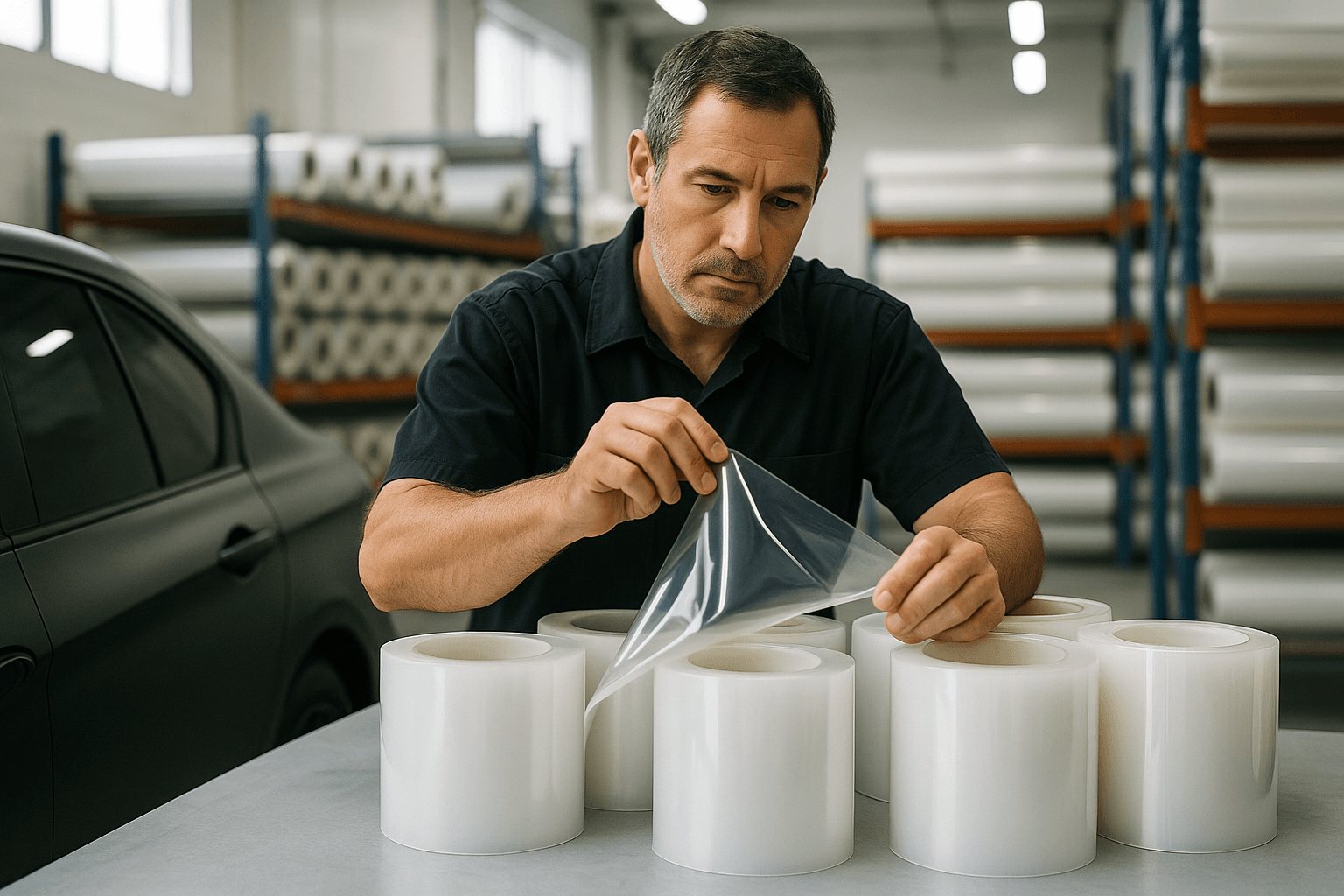 Installer inspecting clear PPF rolls on a workbench in an automotive wholesale warehouse