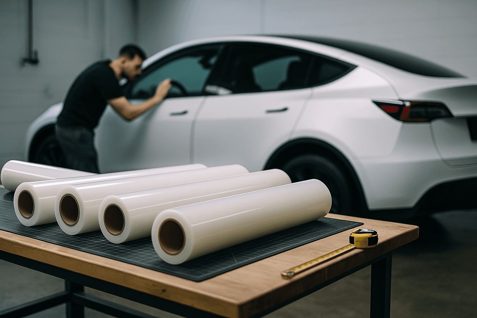 PPF rolls on a workbench with a Tesla Model Y in a detailing bay background