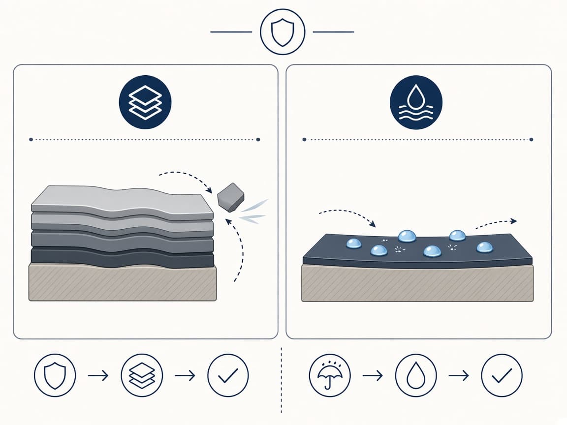 Split illustration of a thick film stack absorbing impact versus a thin coating layer with water beading