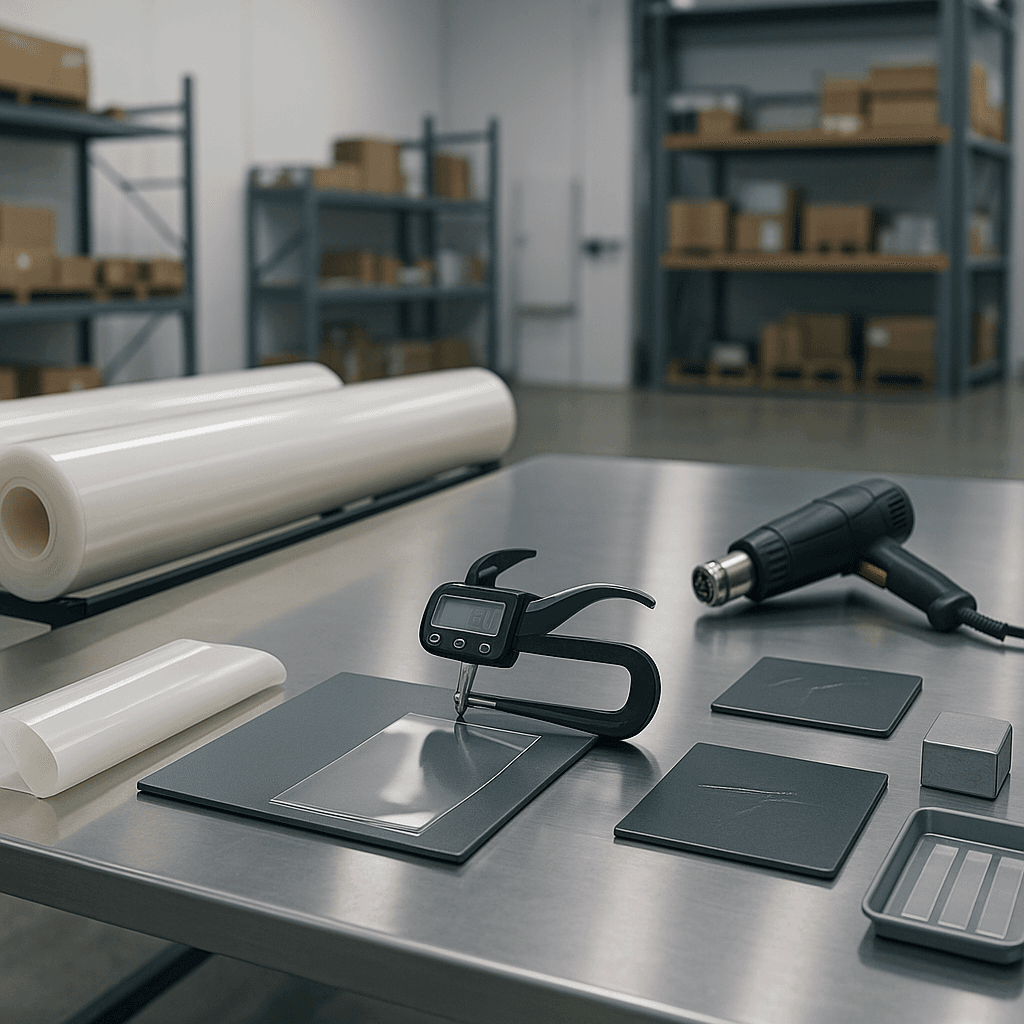 Photorealistic QC workstation showing sequential incoming inspection steps for clear PPF rolls, including thickness measurement, self-healing tests, and batch sampling before a first container order.