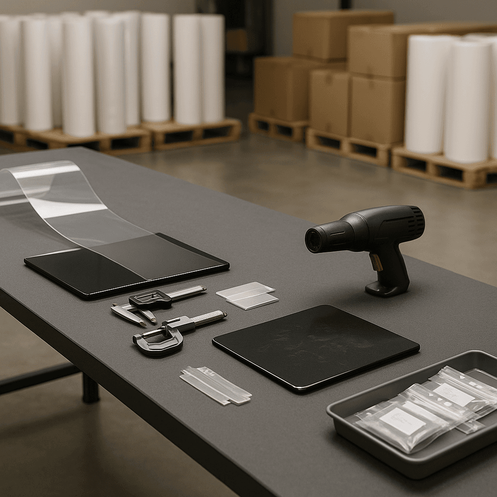 Structured incoming QC bench in a PPF warehouse with clear film on test panels, measurement tools, and sample trays laid out in a step-by-step inspection sequence.