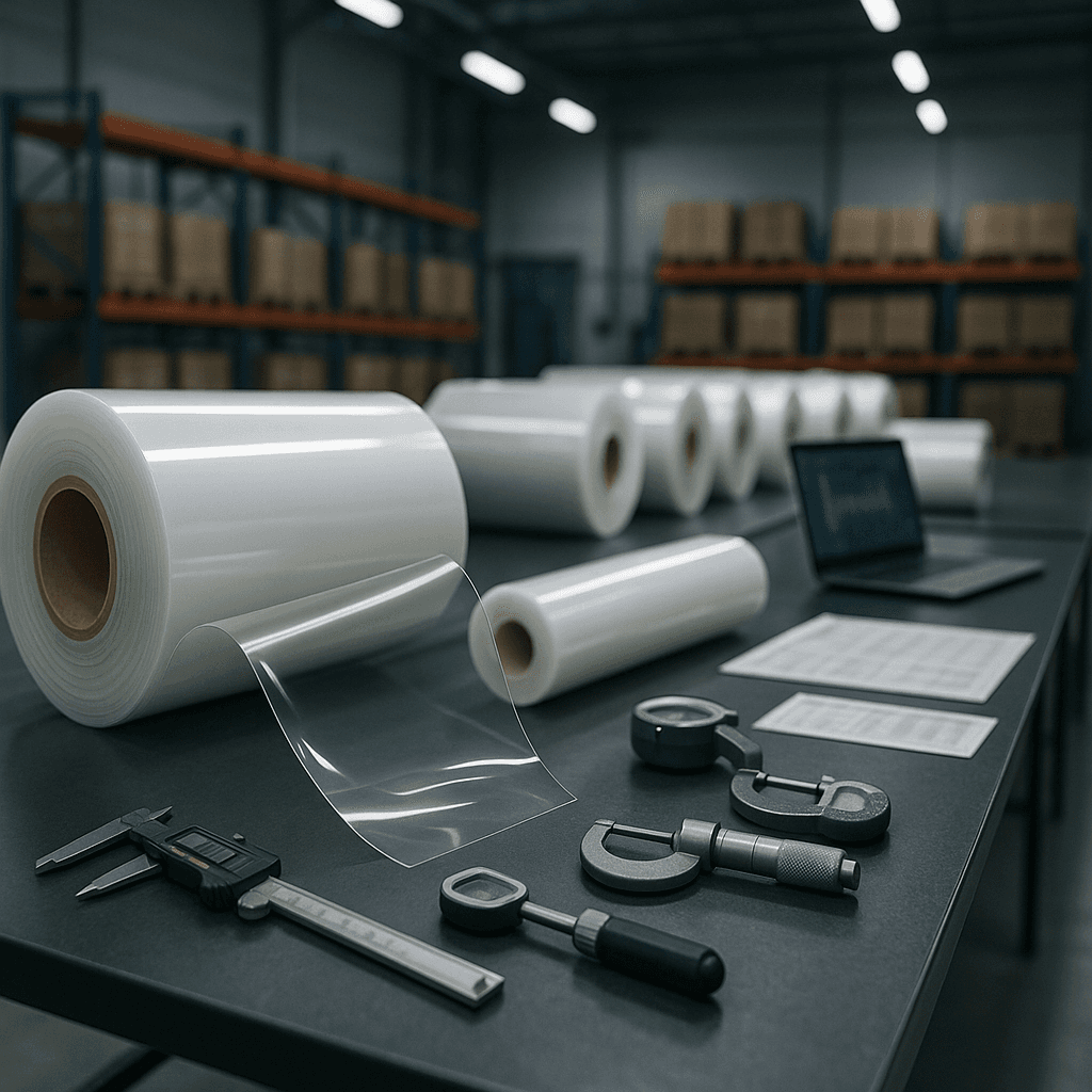 Clear TPU paint protection film rolls arranged in stages on a Chinese factory inspection line, with measurement tools and blurred spec documents emphasizing technical reliability.