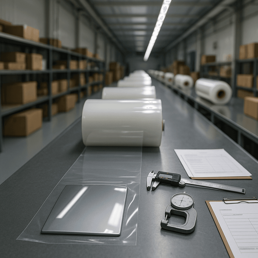 Clear TPU PPF rolls arranged along an inspection line with measuring tools and a test panel in a Chinese factory.