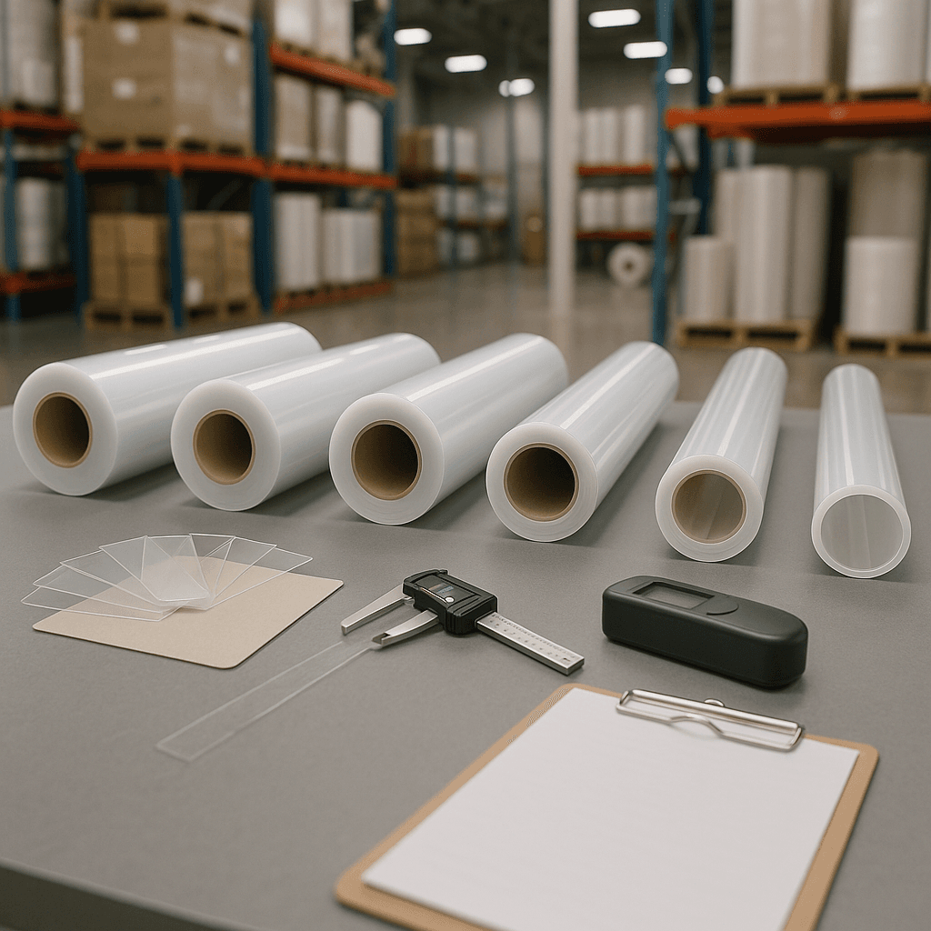 Organized paint protection film rolls, swatches, and measuring instruments on a warehouse worktable, suggesting a factory set up for distributor support.