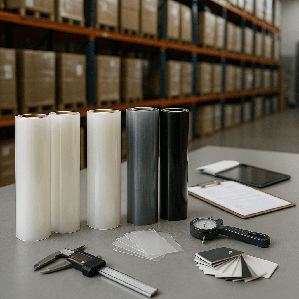 Organized worktable in a PPF warehouse with multiple film rolls, samples, and measuring tools suggesting a distributor-ready factory setup.