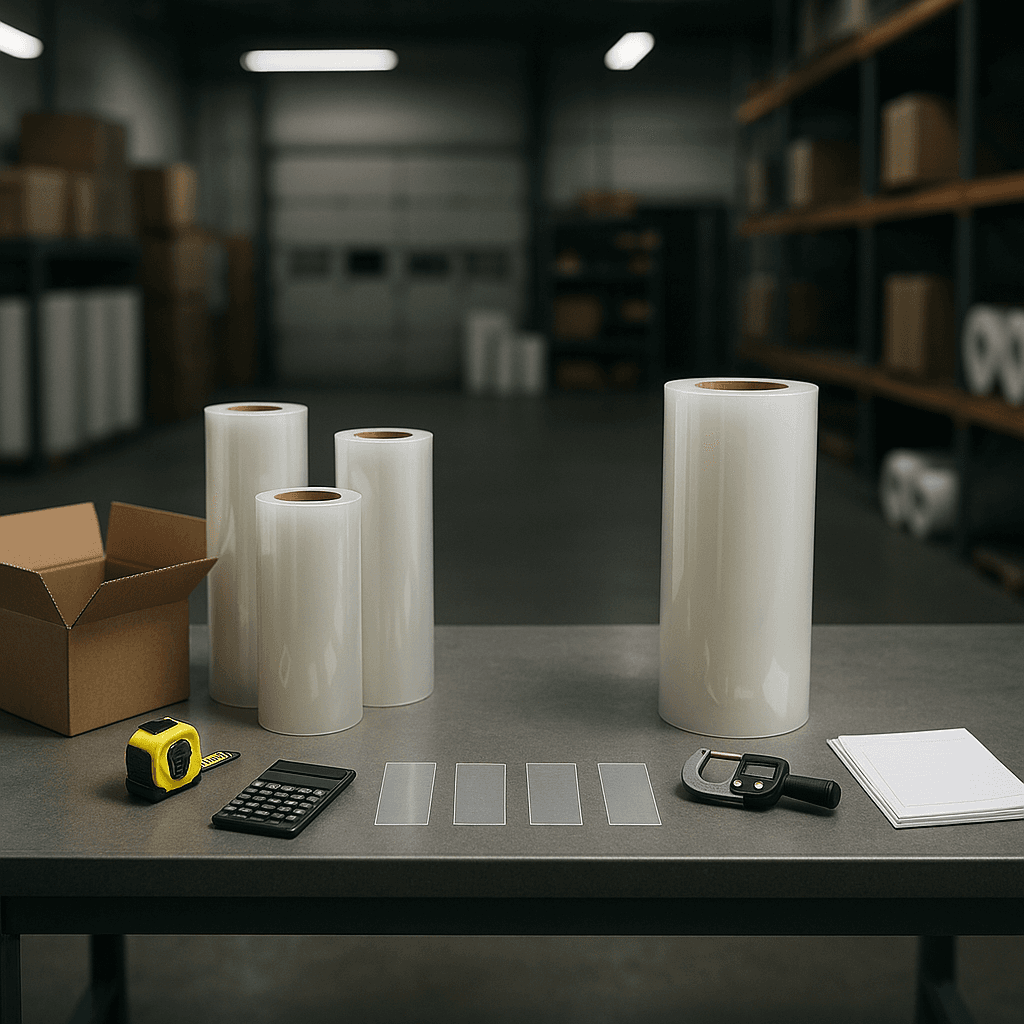 Automotive film warehouse workbench with identical PPF rolls arranged in two different tool setups, hinting at contrasting buyer priorities.