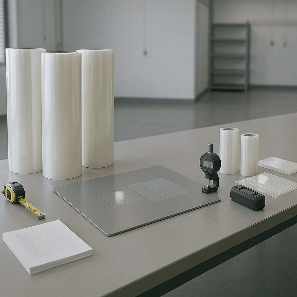 Industrial worktable in an automotive film warehouse showing bulk PPF rolls and forms on one side and small samples with measurement tools on the other, centered around a shared test panel.