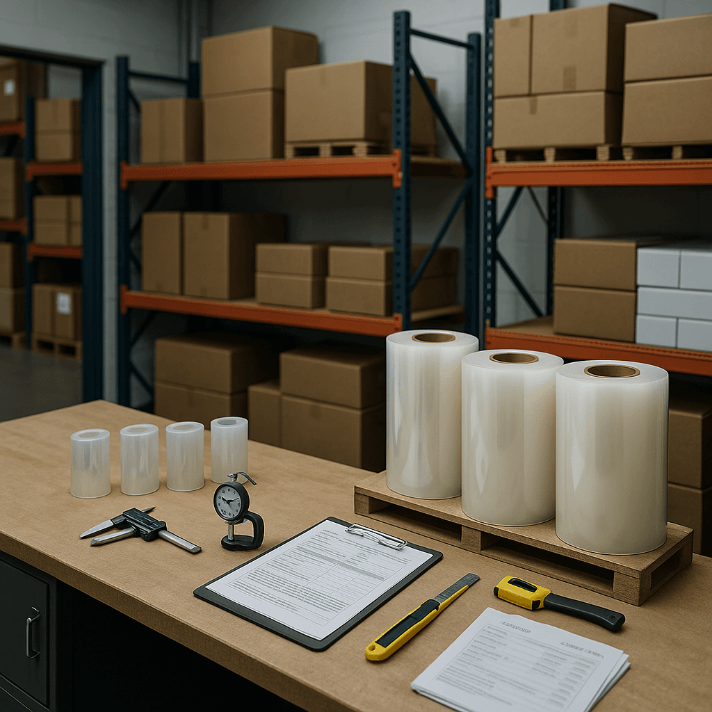Industrial PPF warehouse workbench divided into two zones, one with sample rolls and measuring tools and the other with large master rolls and shipping forms, implying two different distributor intake paths.