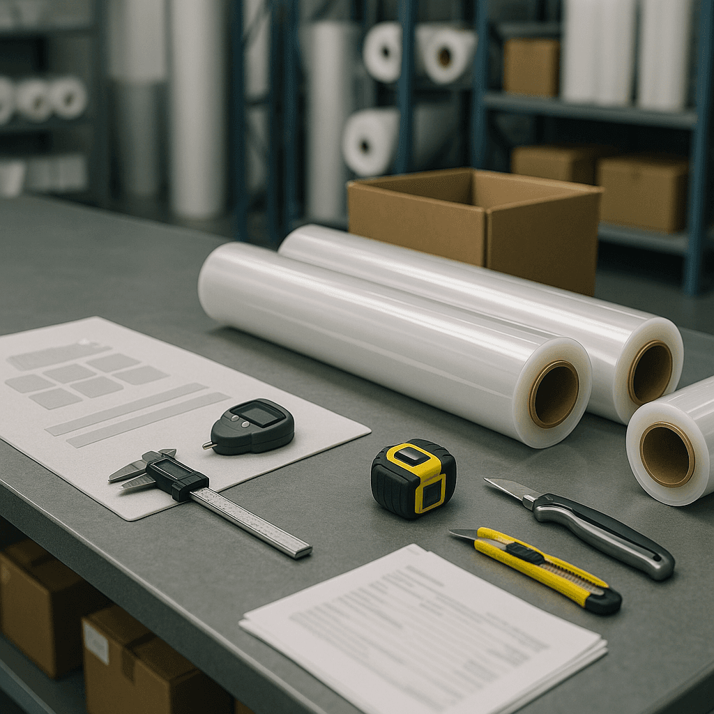Inside a PPF factory, a long workbench is divided into a small-sample inspection area and a bulk film roll intake area, suggesting two separate onboarding workflows.